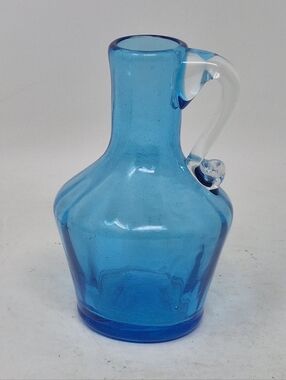 Hand Blown Blue Glass Mini Pitcher With Clear Glass Applied Handle